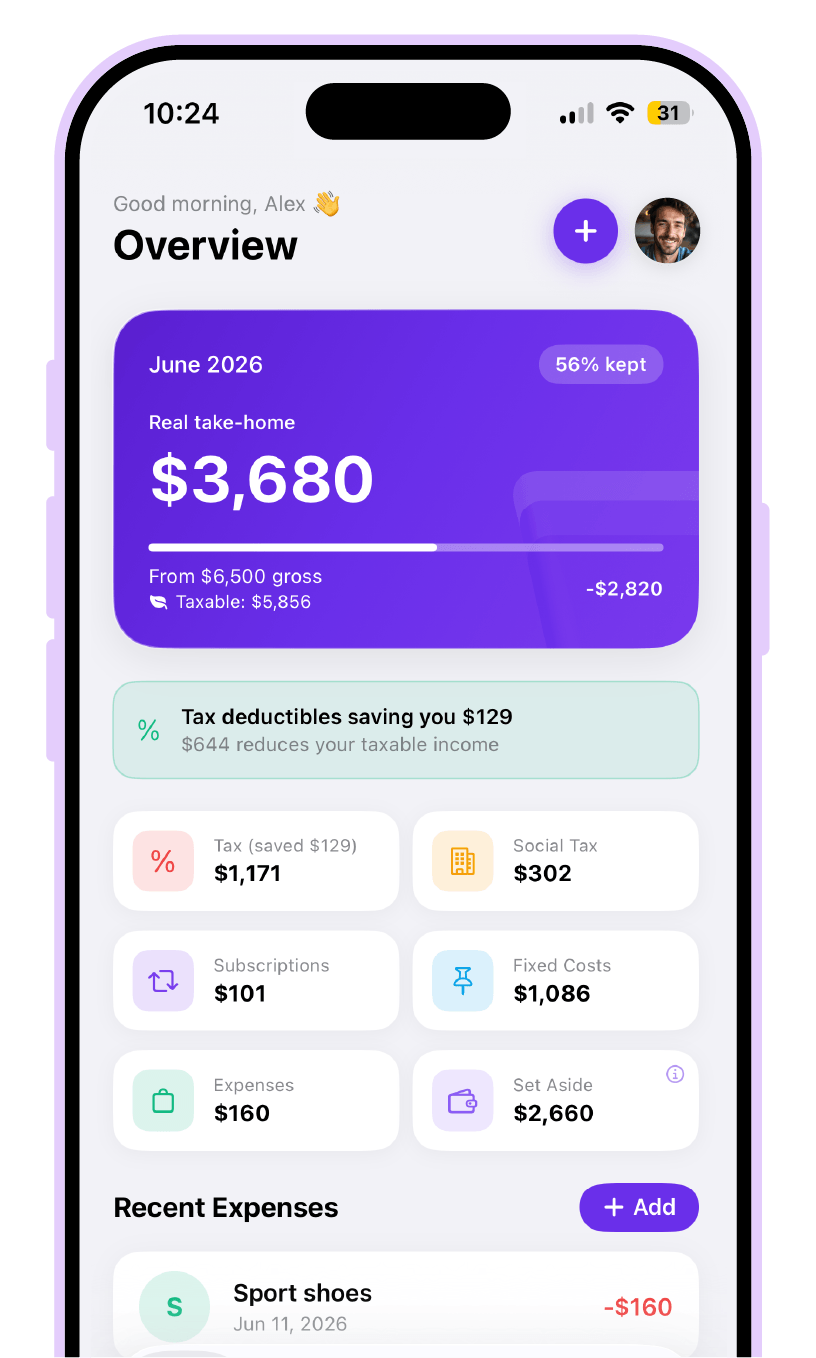 Incomly app interface showing a freelancer's monthly take-home pay and tax deductions