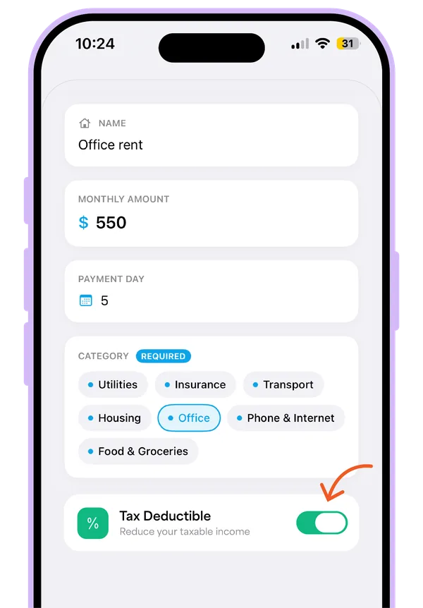 Incomly app tagging one-off expenses as tax deductible